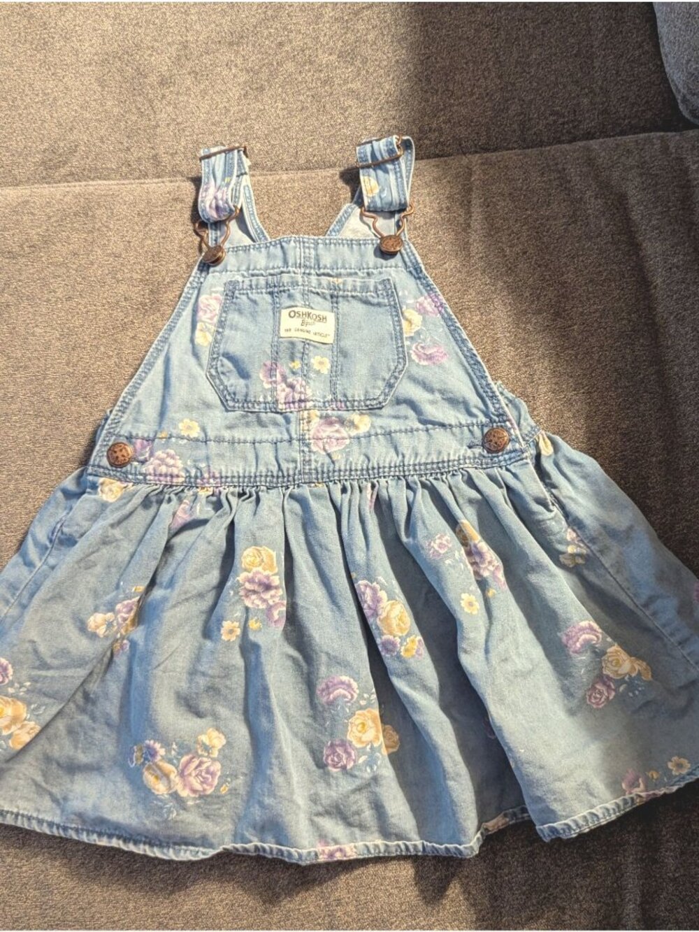 Oshkosh Bgosh Toddler 3T Denim Floral Jumper Dress With Adjustable Straps & Plea